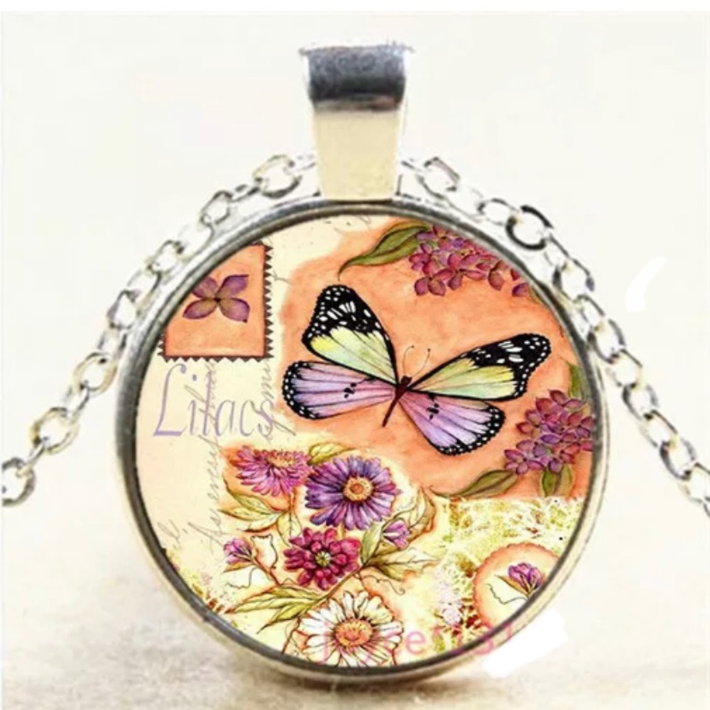 Butterfly silver glass necklace